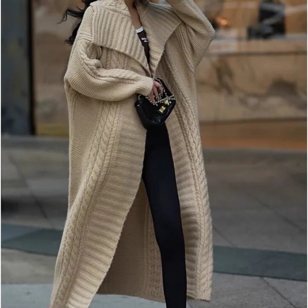 Women's Tan Maxi Duster Cardigan Coat Oversized Chunky Long Cable Rib.